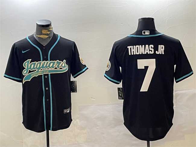 Mens Jacksonville Jaguars #7 Brian Thomas Jr Black With Patch Cool Base Stitched Baseball Jersey